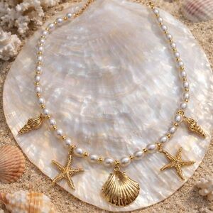 Gold & White Pearl Beach Charm Necklace - Shell and Starfish Pendant